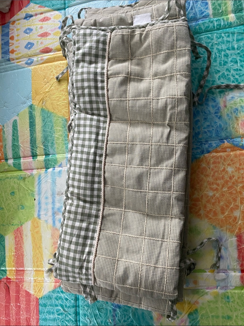 Neutral Checkered Crib Bumper - Beige & Sage Green